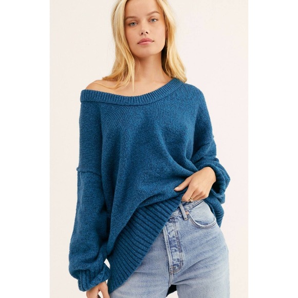 Free People Brookside Pullover Knit Sweater in Blue Oversized - Picture 1 of 6